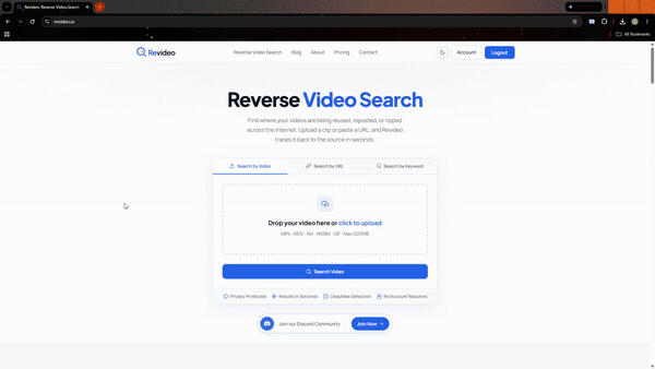 Demo of Revideo's reverse video search tool finding video sources